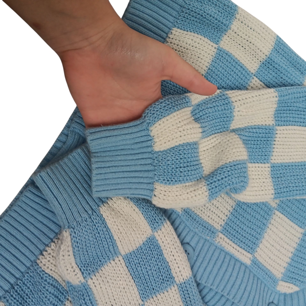 Old Navy Blue and Cream Checkered Crewneck Sweater